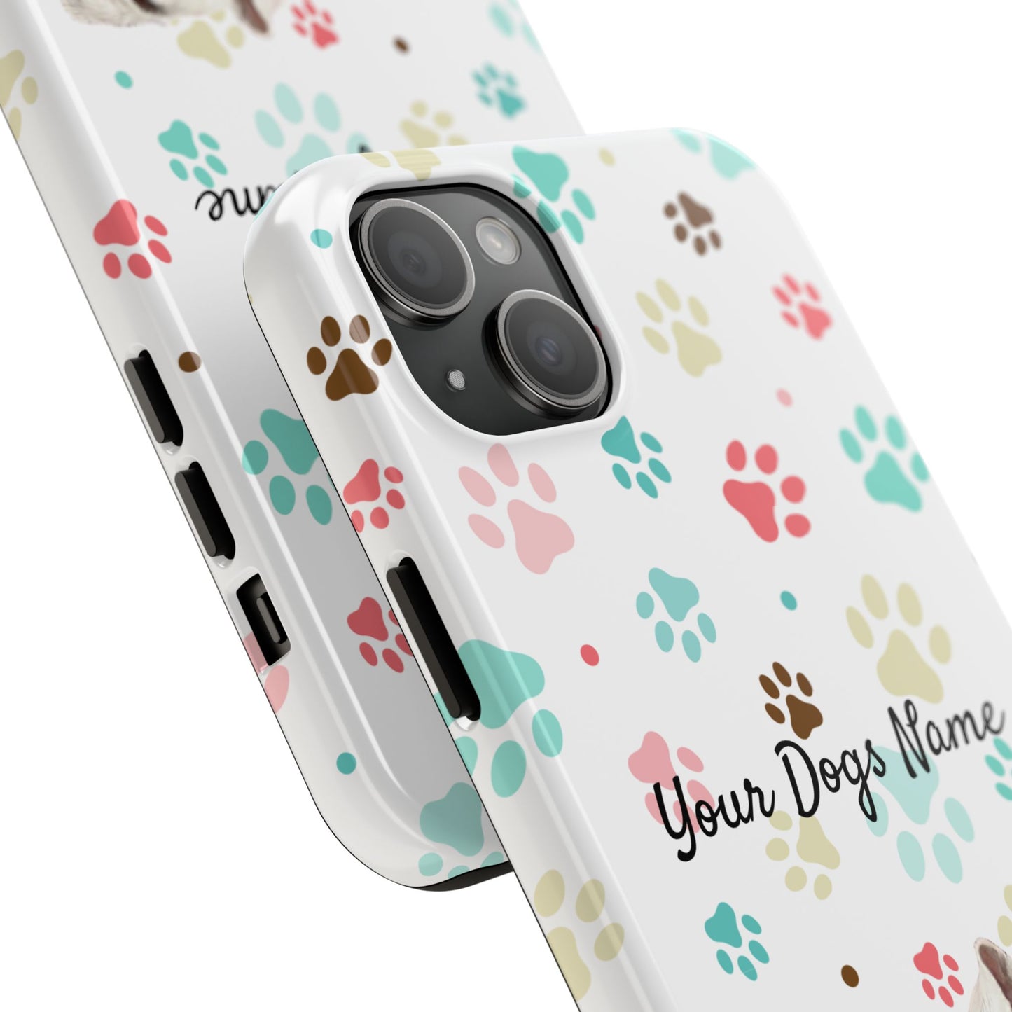 Personalized Tough Phone Case — Custom Pet Photo & Name with Colorful Paw Print Design