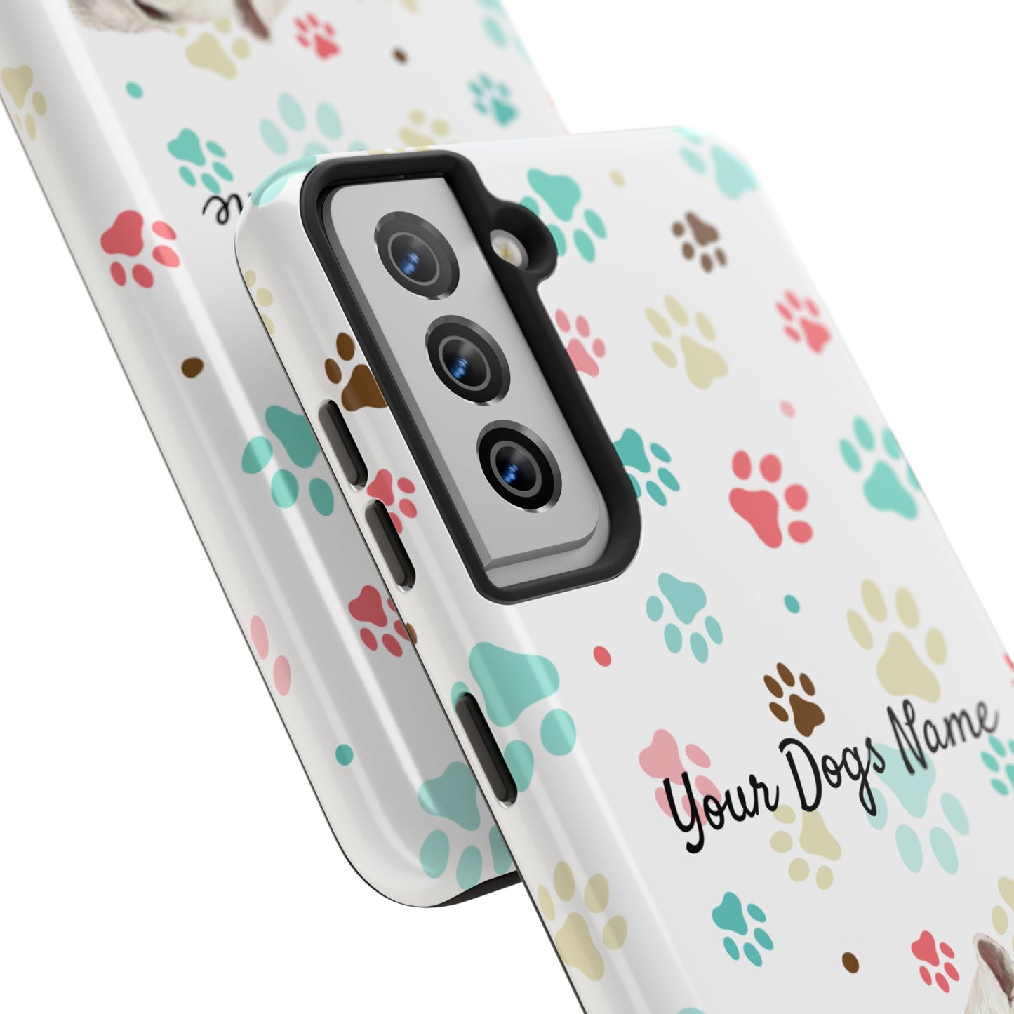 Personalized Tough Phone Case — Custom Pet Photo & Name with Colorful Paw Print Design