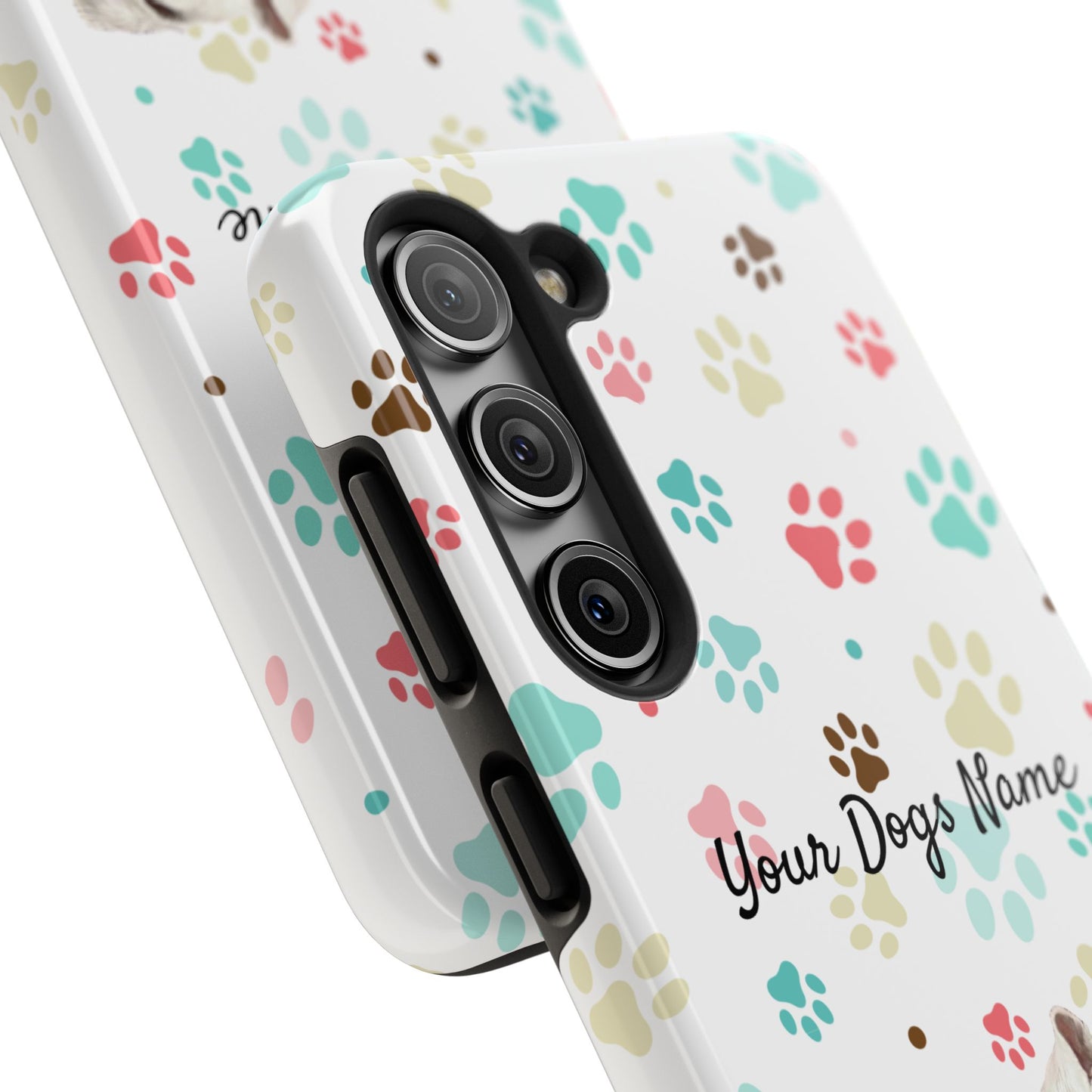 Personalized Tough Phone Case — Custom Pet Photo & Name with Colorful Paw Print Design