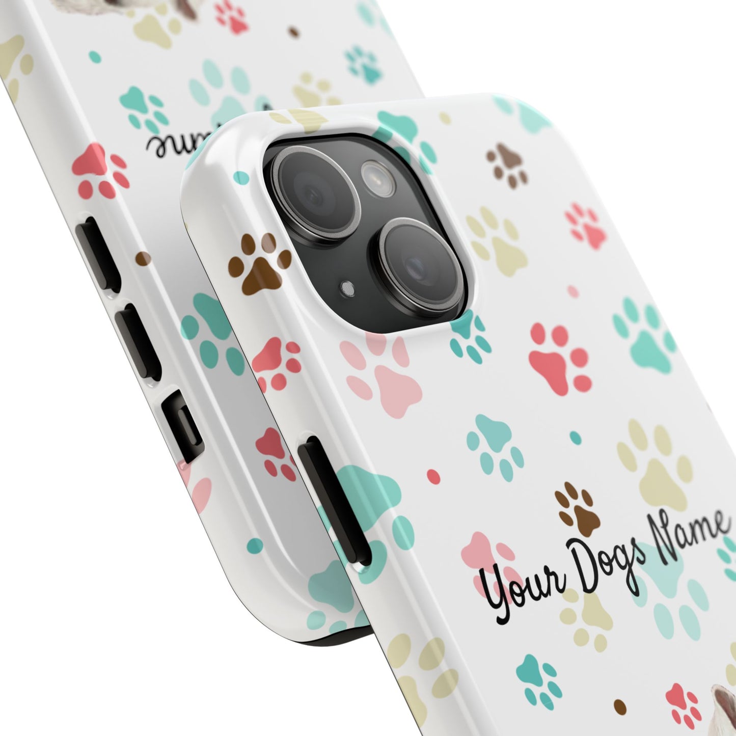 Personalized Tough Phone Case — Custom Pet Photo & Name with Colorful Paw Print Design