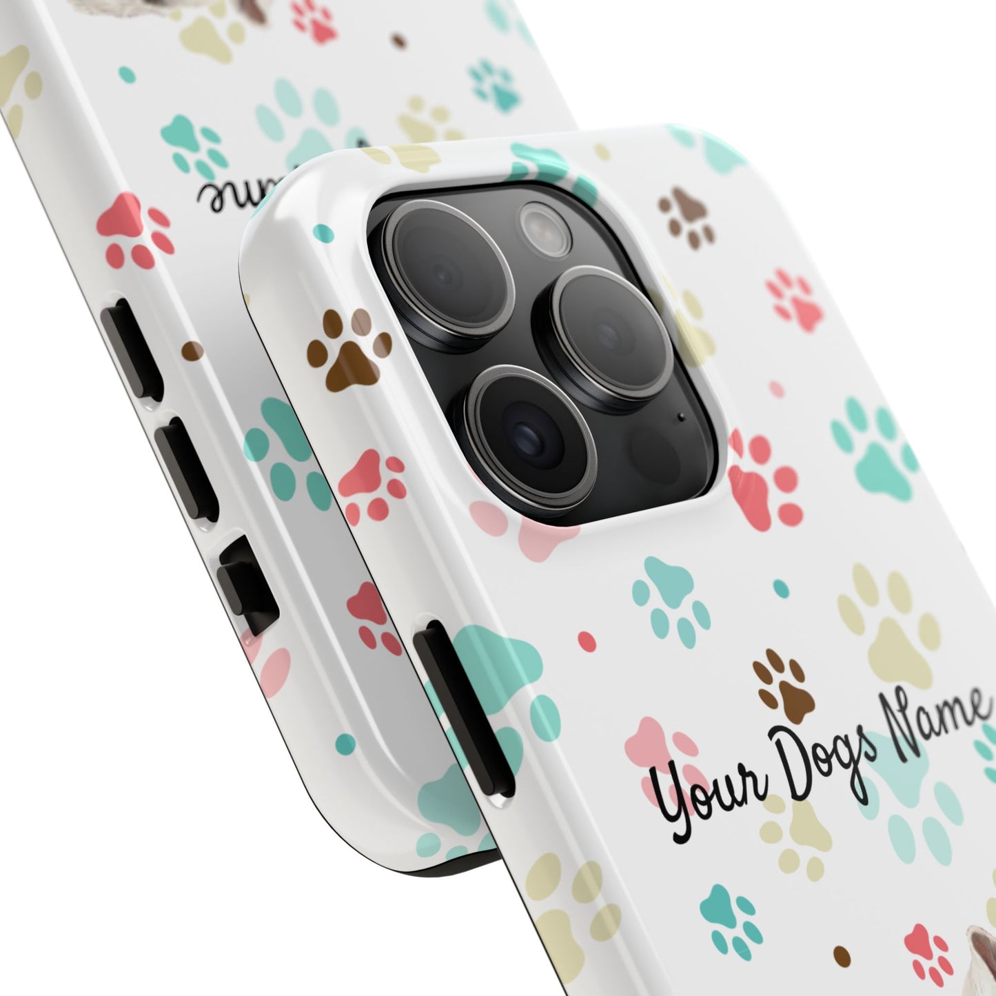 Personalized Tough Phone Case — Custom Pet Photo & Name with Colorful Paw Print Design