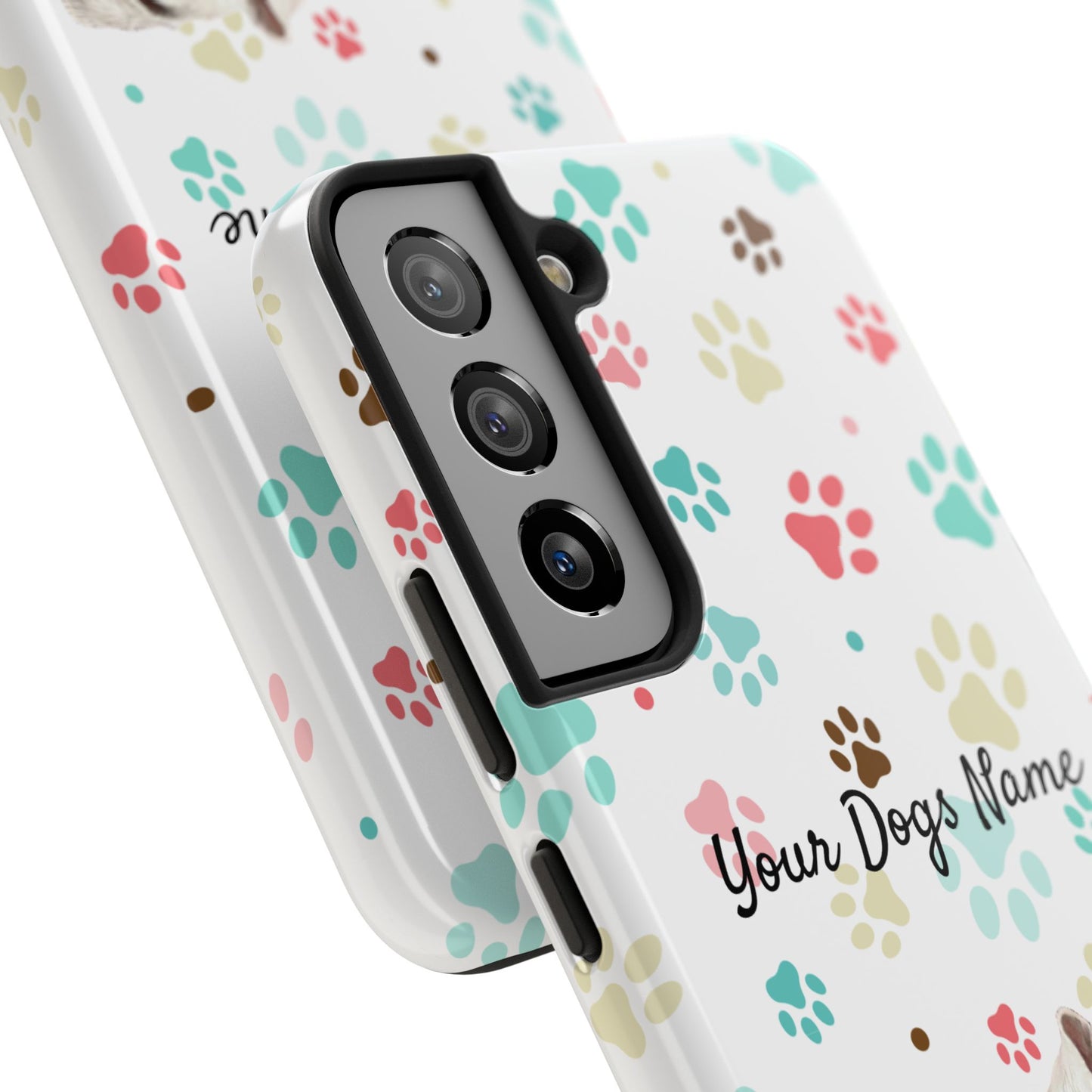 Personalized Tough Phone Case — Custom Pet Photo & Name with Colorful Paw Print Design