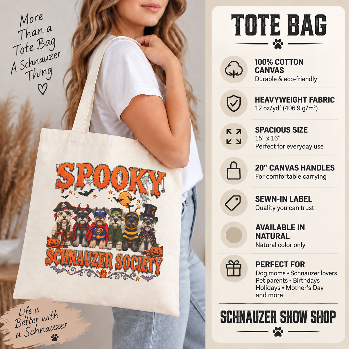 Halloween Schnauzer Tote Bag – Spooky Dog Mom Canvas Bag