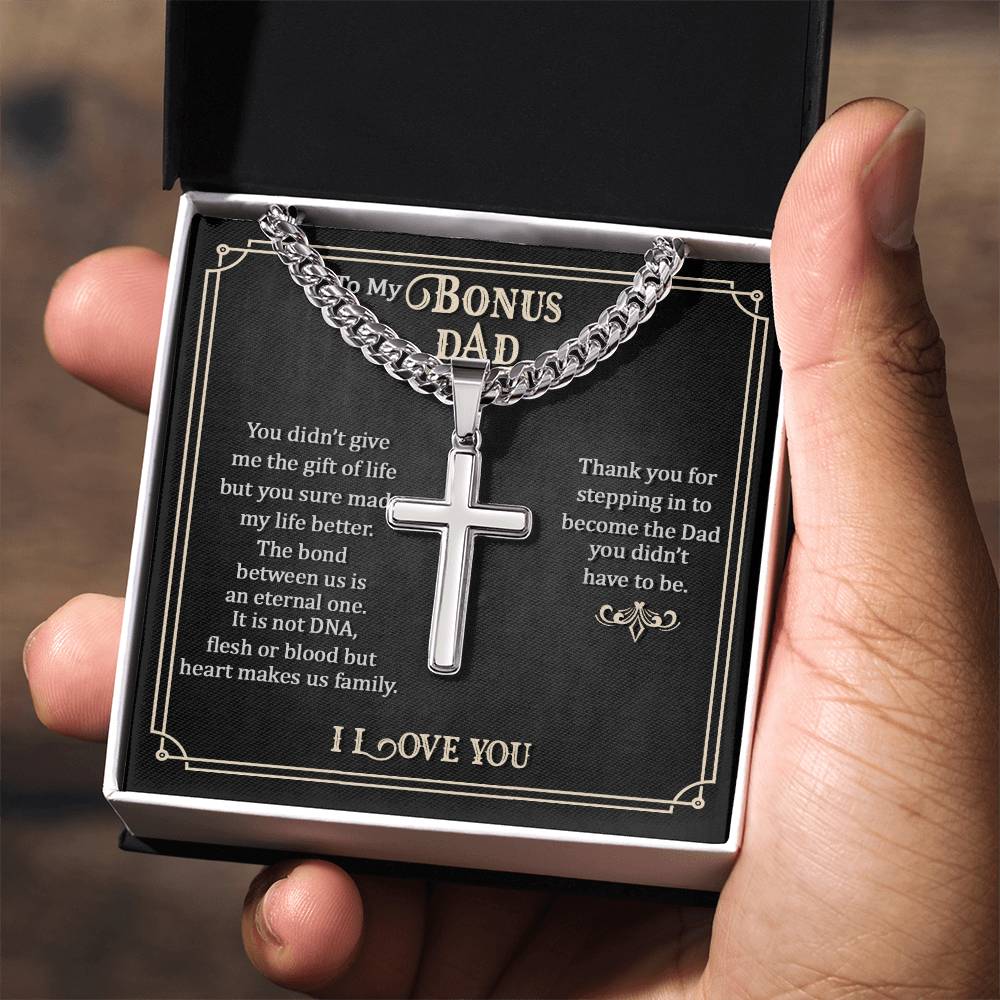 To My Bonus Dad | Cuban Chain with Artisan Cross Necklace