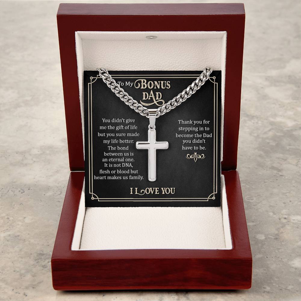 To My Bonus Dad | Cuban Chain with Artisan Cross Necklace